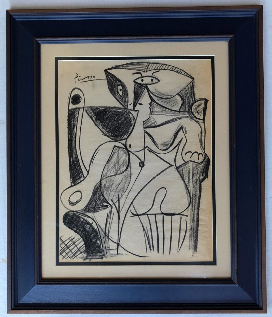 Pablo Picasso Hand Drawing Spanish Cubist Women 1940-50: This lot consists of a hand Drawn Graphite and Gouche on paper in the style of Pablo Picasso. The illustration depicts a figure of a women in the famous cubism period. Pablo Picasso (25 October 1881-8
