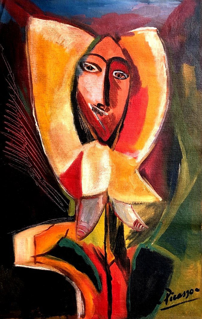 Pablo Picasso Cubism Abstract Spanish Oil on Canvas: This lot consists of a hand painted Oil on canvas in the style of Pablo Picasso. The illustration depicts a figure of a women in the famous cubism period. Pablo Picasso (25 October 1881-8 April 1973)
