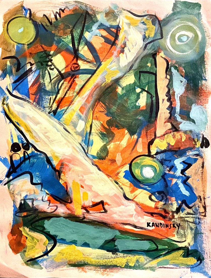 Wassily Kandinsky Abstract Hand Painted Drawing: This lot consists of a hand painted mixed media on hard paper in the style of Wassily Kandinsky. The illustration depicts abstract colorful figurative painting .Wassily Kandinsky (1866 Ã‚Â– 1944