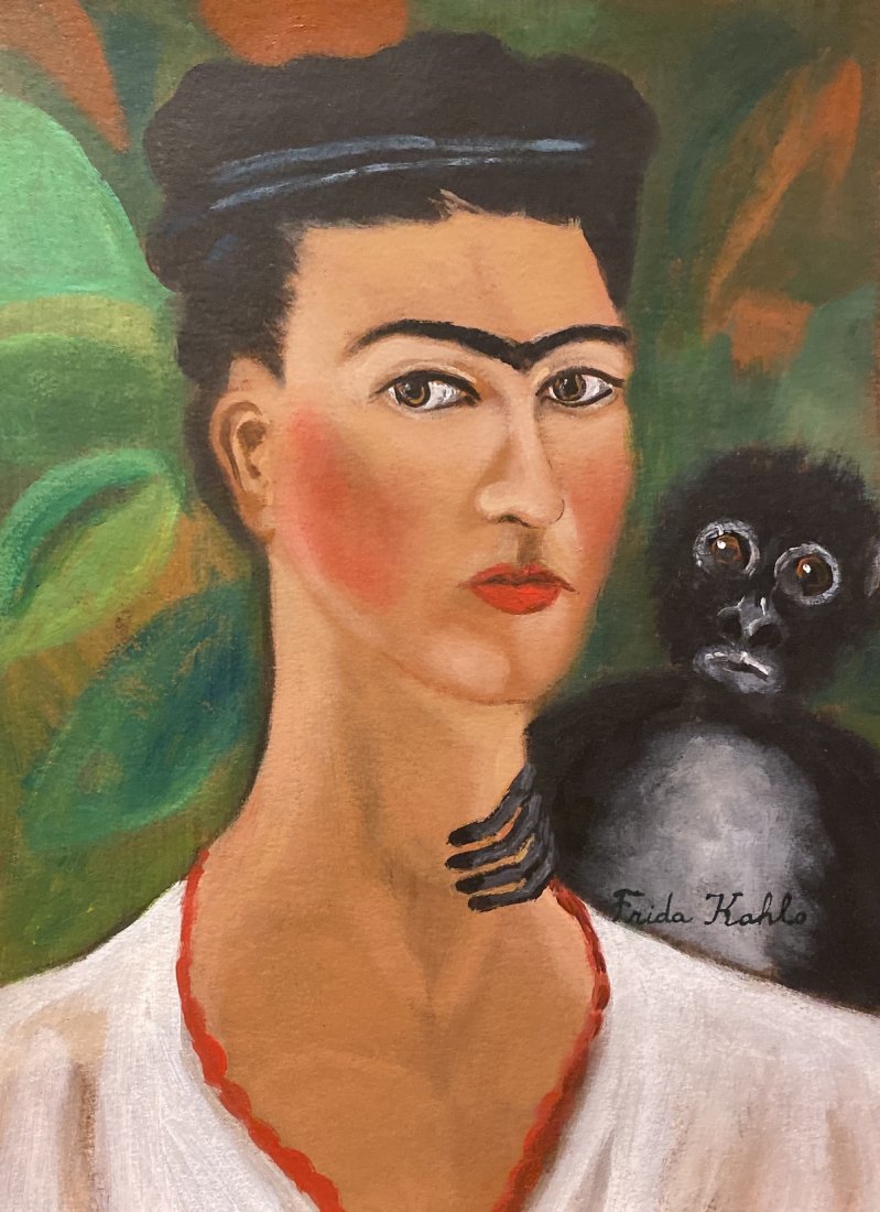 Frida Kahlo hand painted Mexican Art 1907-1950: This lot consists of a hand painted mixed media on paper in the naive folk style of Frida Kahlo. Frida Kahlo de Rivera was a Mexican painter known for her self-portraits. Kahlo\'s life began and ended