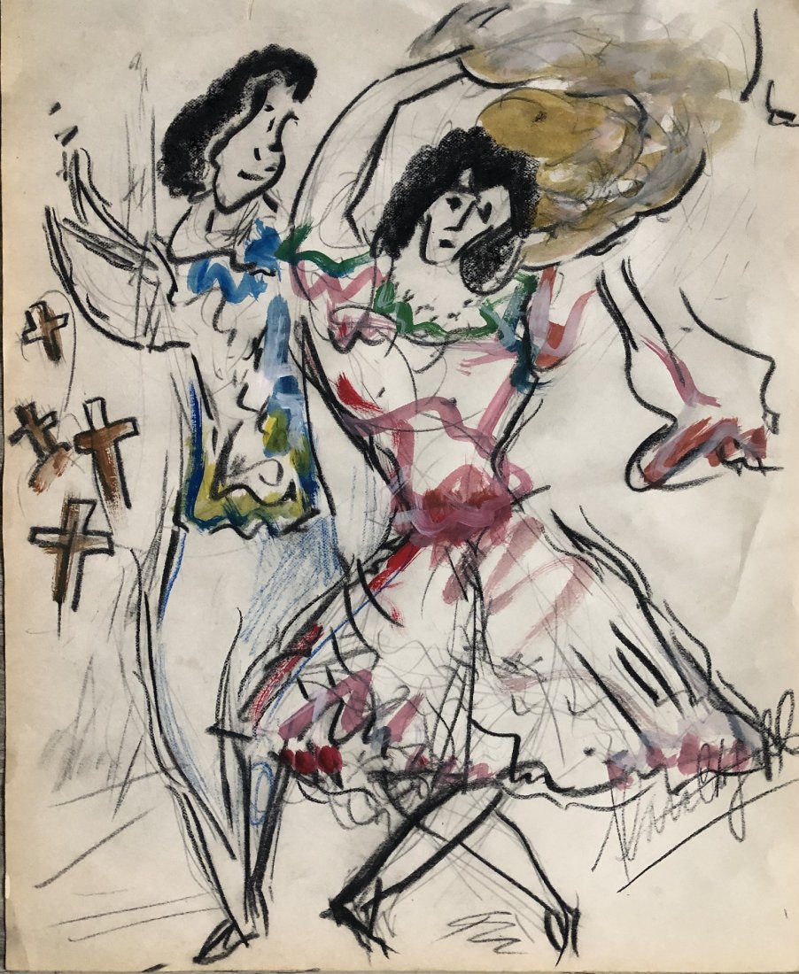 Marc Chagall Drawing Dance Russian French Women Man: his lot consists of a hand painted mixed media on paper in the style of Marc Zakharovich Chagall was a Russian-French artist of Belarusian Jewish origin. An early modernist, he was associated with sev