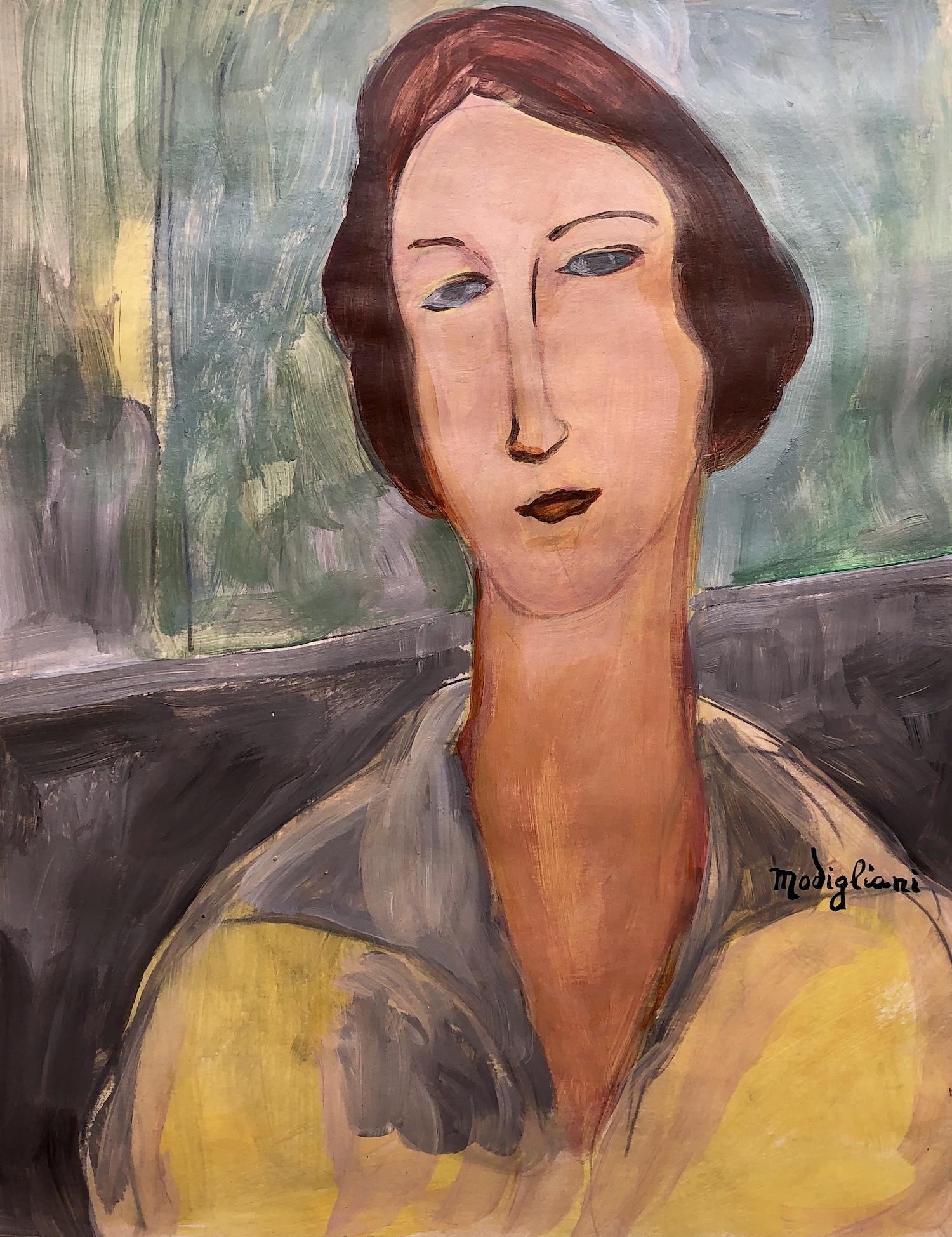 Amedeo Modigliani Expressionism Woman (1884-1920): This lot consists of a hand painted mixed media on cardboard in the style of Amedeo Modigliani. Amadeo Modigliani (July 1884 - 24 January 1920) was an Italian Jewish painter and sculptor who worked ma