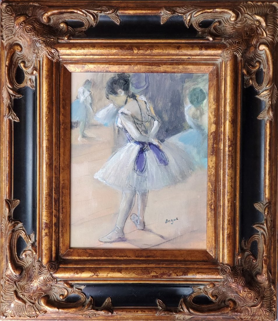 Edgar Degas Oil Canvas Ballerina Dancer Impressionist: This lot consists of a hand painted oil on canvas over board in the style of Edgar Degas (1834-1917). Edgar Degas was born Hilaire-Germain-Edgar De Gas, was a French artist famous for his paintings, s