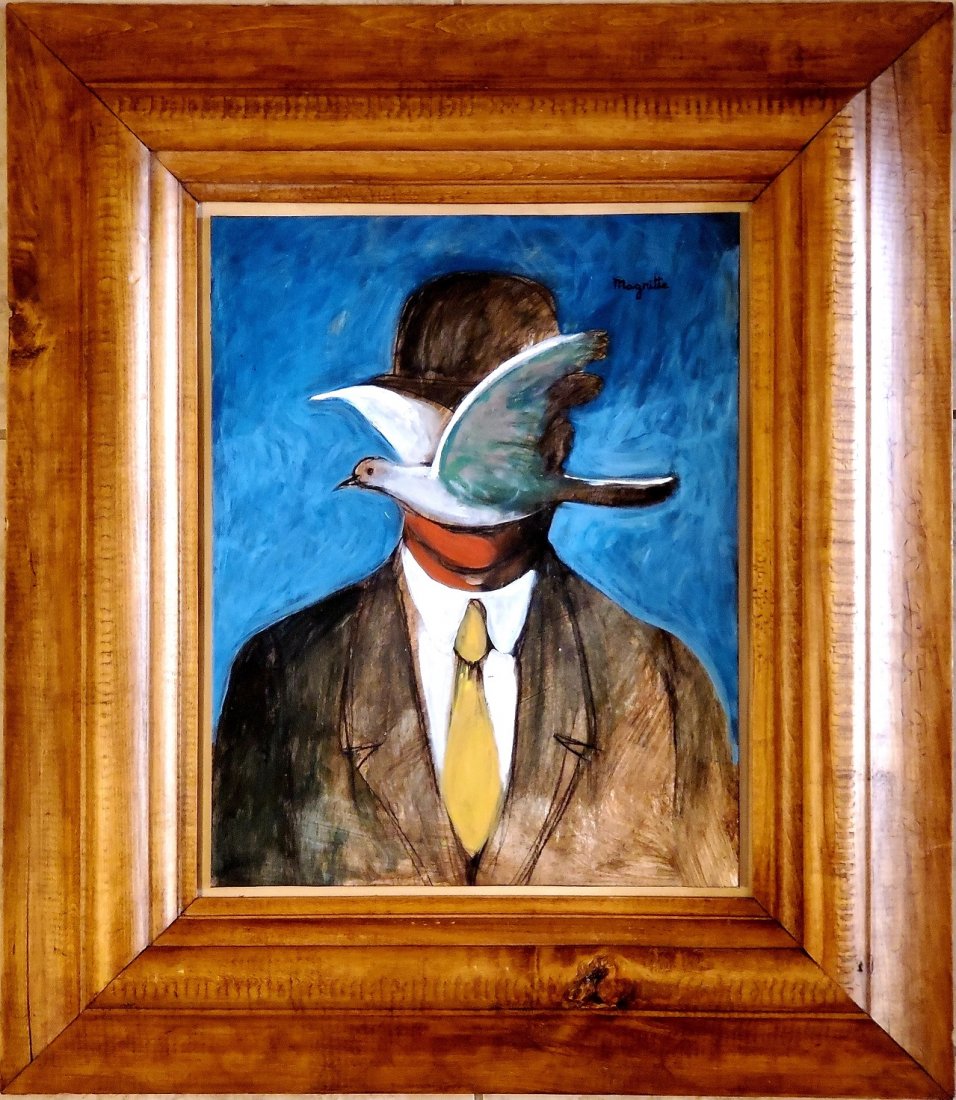 Rene Magritte Oil Hand Painted Surrealist Man Hat Bird: This lot consists of a hand-painted surrealism oil on hardboard in the style of Rene Magritte. The lot depicts a gentlemen with a hat and a pigeon across his face on a magical surrealist background ty