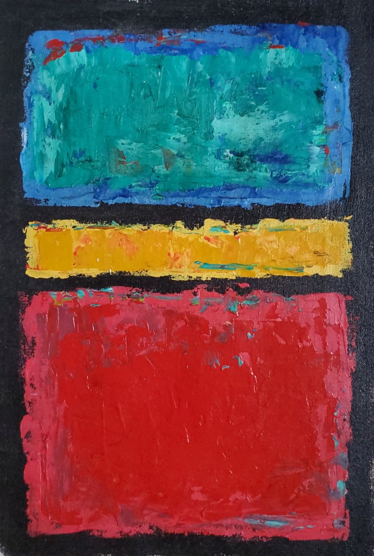 Mark Rothko Oil Canvas Abstract Expressionist American: This work consists of a hand painted oil on canvas illustration. Image depicts soft, rectangular forms floating on a stained field of color. This painting is done in the style of Mark Rothko(Russian A