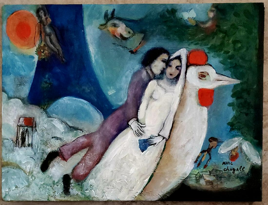 Marc Chagall Oil Canvas Abstract Figurative Landscape: This lot consists of a hand painted oil on canvas in the style of Marc Zakharovich Chagall.He was a Russian-French artist of Belarusian Jewish origin. An early modernist, he was associated with severa