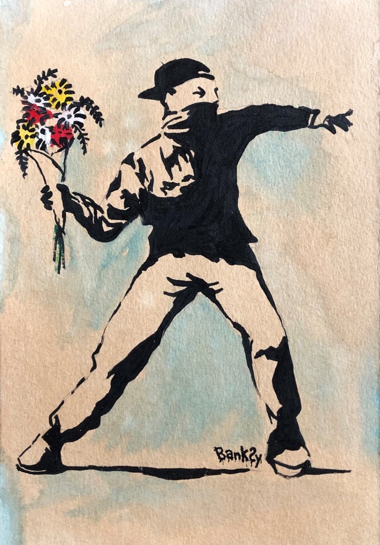 Banksy Graffiti Drawing Street Art Pop Hand Painted.: This lot consists of a Mixed Media on hard paper in the style of Banksy. Banksy is an anonymous England-based street artist, vandal, political activist, and film director. His satirical street art and