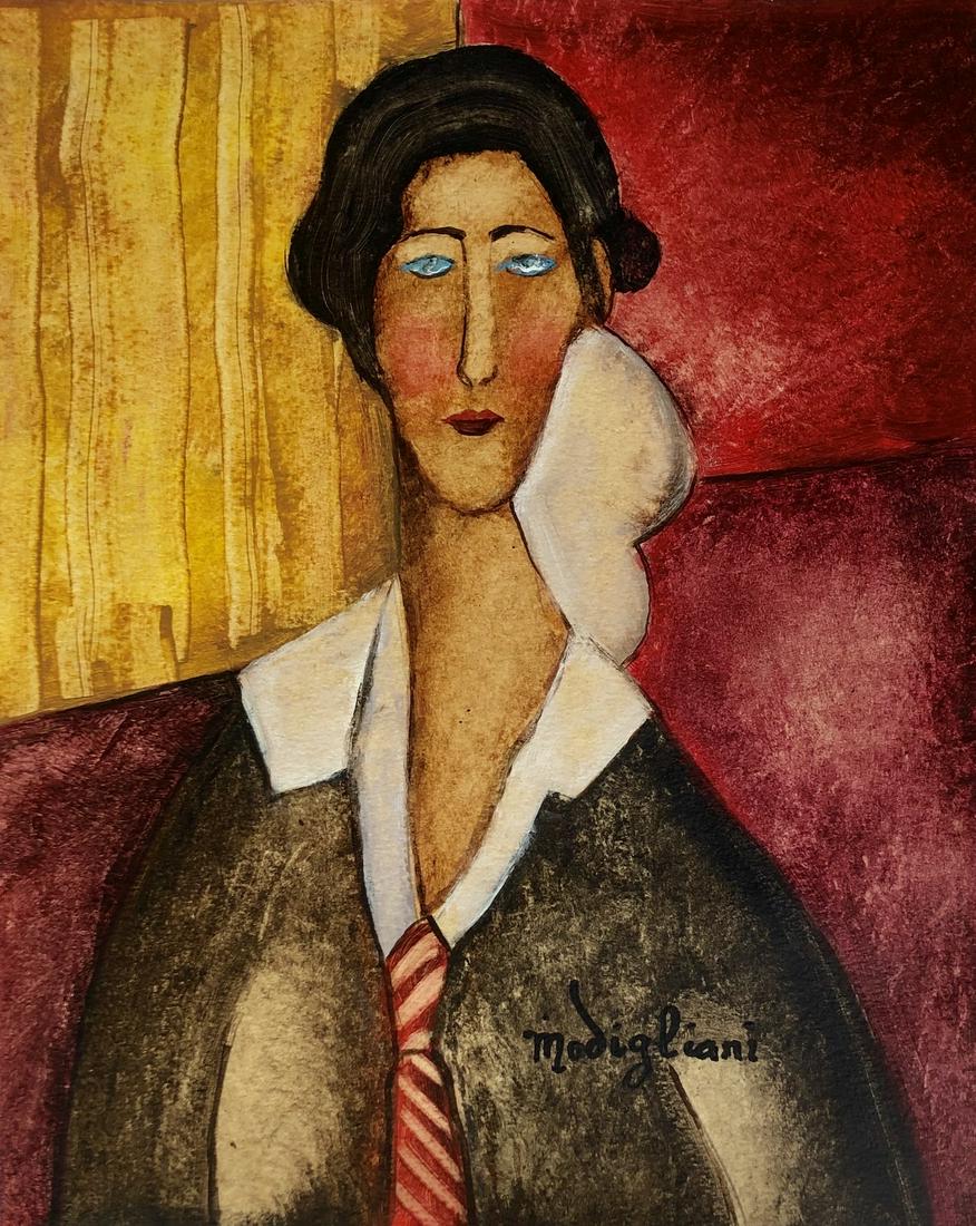 Amedeo Modigliani Expression Woman (1884-1920)Style of: This lot consists of a hand painted mixed media on paper in the style of Amedeo Modigliani. Amadeo Modigliani (July 1884 - 24 January 1920) was an Italian Jewish painter and sculptor who worked mainly