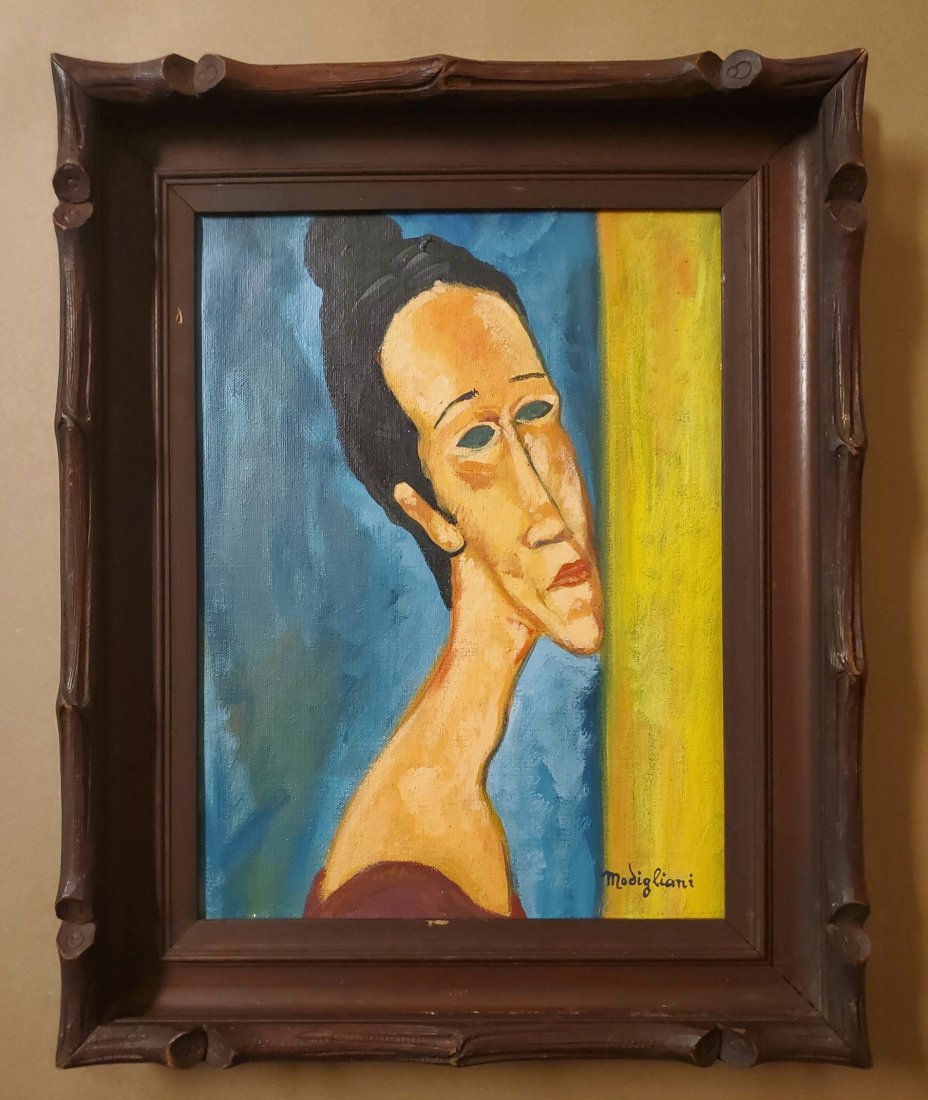 Amedeo Modigliani Expression Woman (1884-1920) Italy: This lot consists of a hand painted oil on canvas in the style of Amedeo Modigliani. Amadeo Modigliani (July 1884 - 24 January 1920) was an Italian Jewish painter and sculptor who worked mainly in Fra