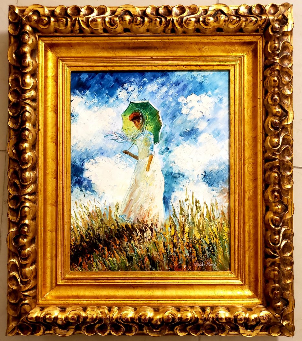 Claude Monet Landscape Women Umbrella French Oil Canvas: This lot consists of hand painted landscape oil on canvas in the impressionist in the style of Claude Monet. The illustration depicts a landscape garden and a women with umbrella. Oscar Claude Monet (