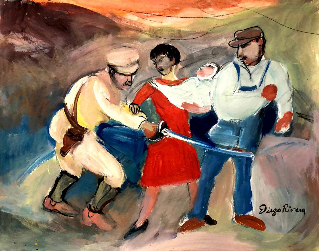 Diego Rivera Mexican Muralist Oil Painting Landscape: This lot consists of a hand painted mixed media on paper attributed to Diego Maria de la Concepcion Juan Nepomuceno Estanislao de la Rivera y Barrientos Acosta y Rodriguez, known as Diego Rivera (Span