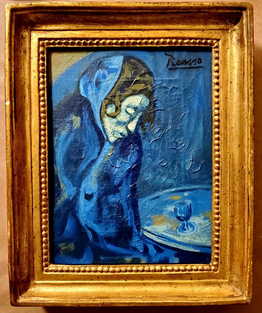 Pablo Picasso Spanish Blue Period Oil Canvas Portrait: This lot consists of a hand painted oil on canvas in the style of Pablo Picasso. The illustration depicts a Women figure in a table interior in the famous "Blue Period" style. The Blue Period of Picas