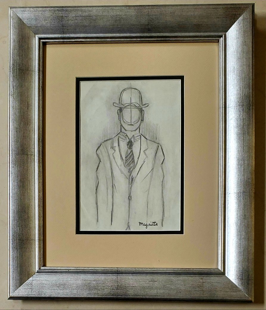Rene Magritte Man Hat Drawing Surrealism Painting: This lot consists of a hand-drawn graphite on paper in the style of Rene Magritte. .Rene Franois Ghislain Magritte (21 November 1898 -15 August 1967) was a Belgian surrealist artist. He became well kn
