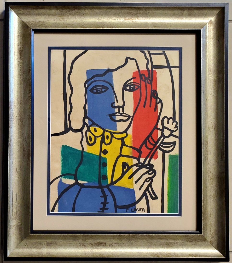 Fernand Leger French Cubist Oil Painting Drawing: This lot consists of a hand painted mixed media on paper in the style of Fernand Henri LÃ©ger (French: [leÃŠÂ’e]; February 4, 1881 Â– August 17, 1955) was a French painter, sculptor, and fil