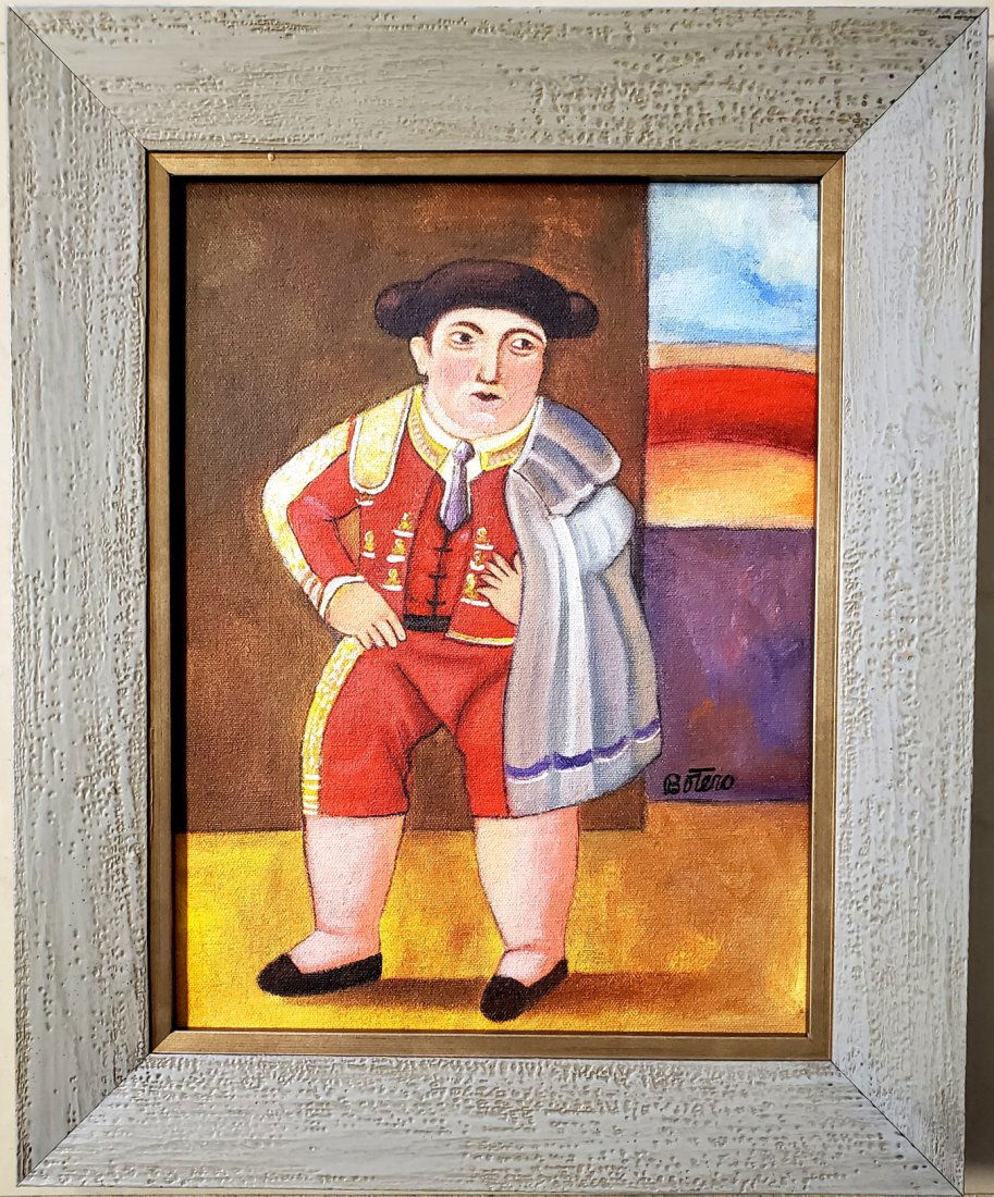 Fernando Botero Oil on Canvas Colombian Latin America: This lot consists of a hand painted oil on canvas in the style of Fernando Botero. The illustration depicts a woman in the popular -boterismo- style which consists of people and figures in large, exag
