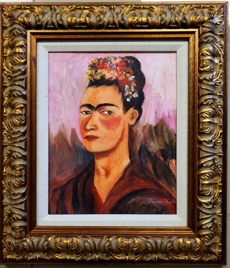 Frida Kahlo Self Portrait Oil on Canvas Mexican Art.: This lot consists of a hand painted oil on canvas in the naive folk style of Frida Kahlo. Frida Kahlo de Rivera was a Mexican painter known for her self-portraits. Kahlo\\\'s life began and ended in M