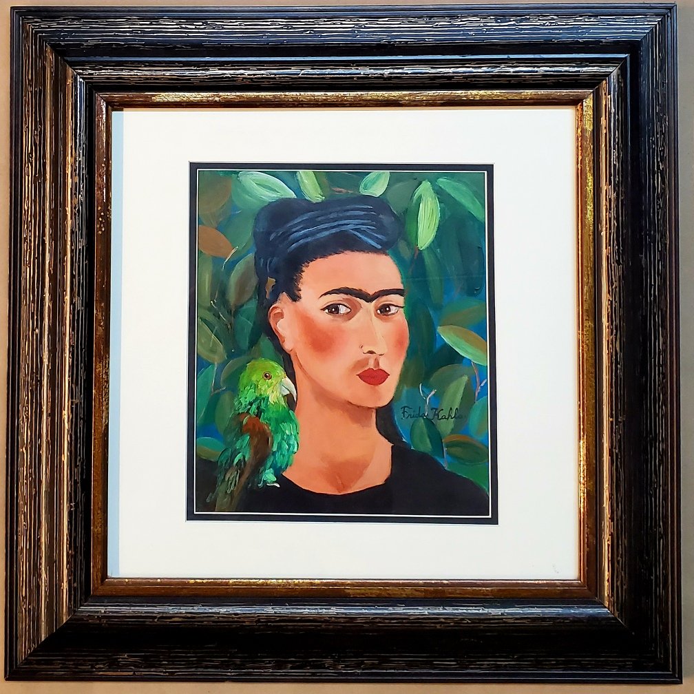 Frida Kahlo hand painted Mexican Art Oil (1907-1950): This lot consists of a hand painted oil on paper in the naive folk style of Frida Kahlo. Frida Kahlo de Rivera was a Mexican painter known for her self-portraits. Kahlo's life began and ended in Mexic