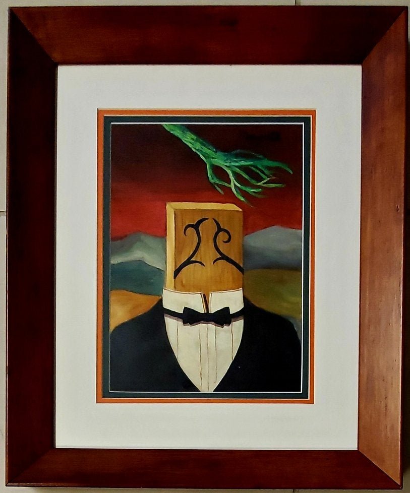 Rene Magritte Surrealism Art Hand Painted Mixed Media S: This lot consists of a hand-painted surrealism man mixed media on paper attributed to Rene Magritte. The image depicts a shadowed smoking man over a bright background. Rene Franois Ghislain Magritte (