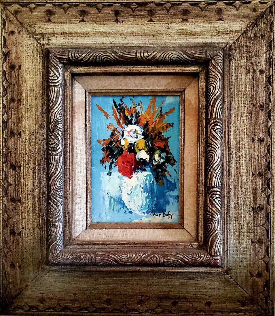Jean Dufy Oil on Masonite French Still life Flowers: This lot consists of a hand painted oil on masonite in the style of Jean Dufy (March 12, 1888 Â– May 12, 1964) was a French painter of Parisian society, country scenes, circuses, horse races, stage