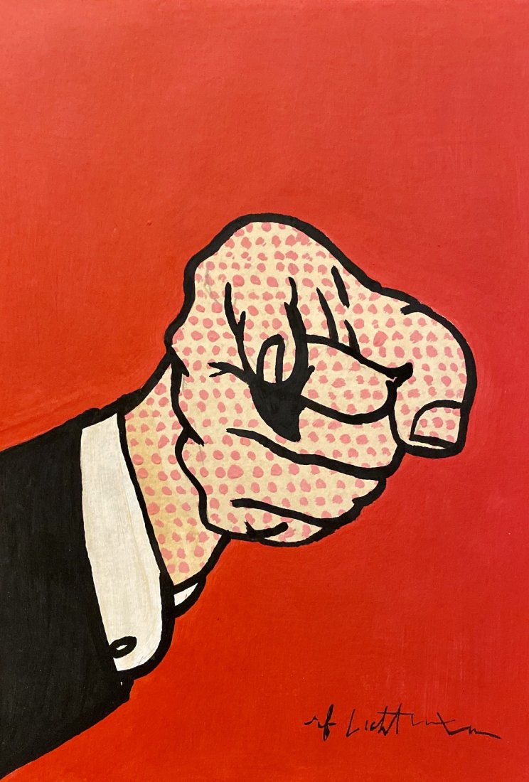 Roy Lichtenstein Pop Art Hand Painted Style of: This lot consists of a hand painted mixed media on hard paper pop art in the style of Roy Lichtenstein. Roy Fox Lichtenstein (October 27, 1923 - September 29, 1997) was an American pop artist. During