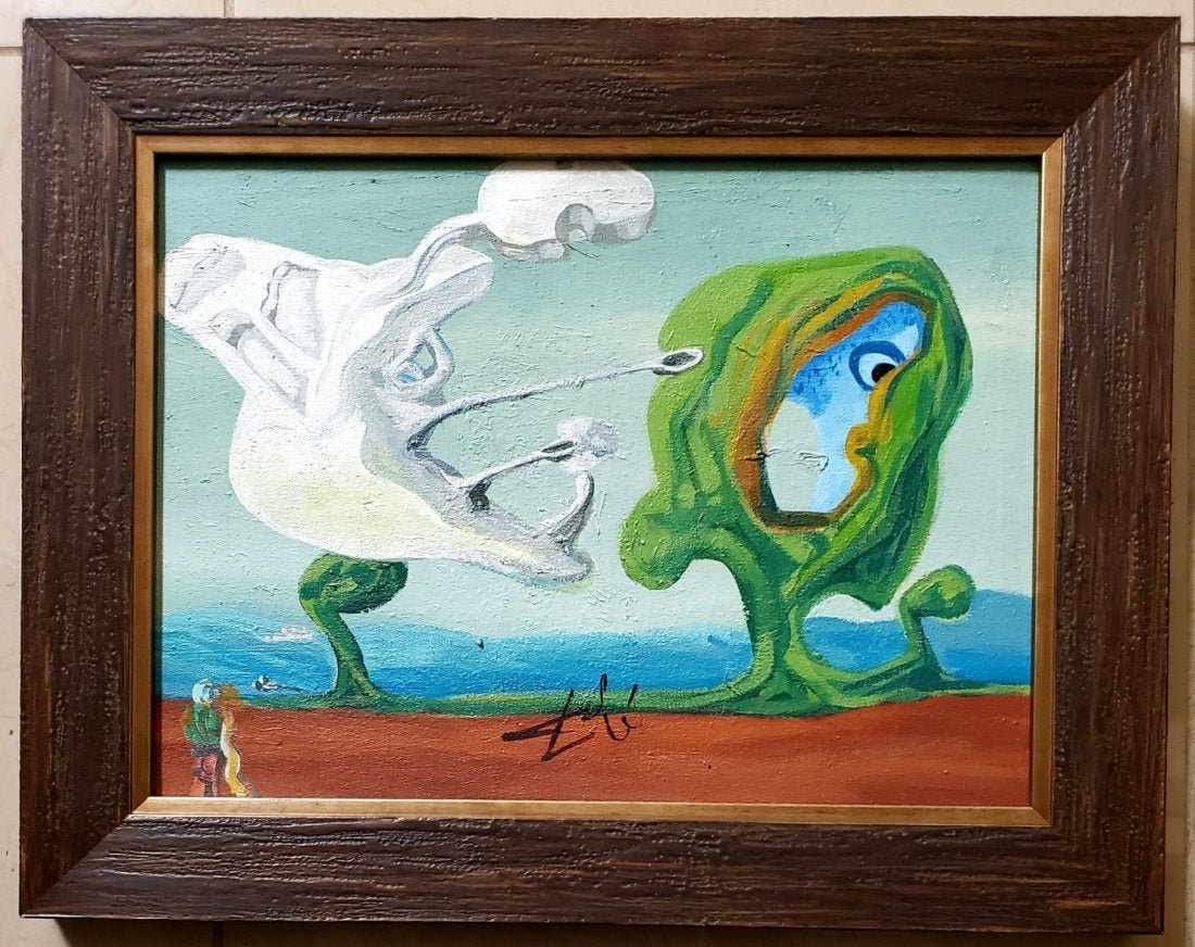Salvador Dali Surrealism Painting Oil Spanish Landscape: This lot consists of an oil on canvas surrealism in the style of Salvador Dali. Salvador Domingo Felipe Jacinto Dali Domnech, Marques de Dali de Pubol (11 May 1904 - 23 January 1989), known as Salvado