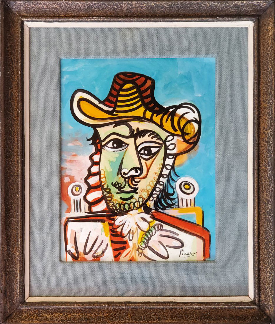 Pablo Picasso Hand Painted Cubism Women Spanish Art: This lot consists of a hand painted mixed media on paper in the style of Pablo Picasso. The illustration depicts a figure of a women in the famous cubism period. Pablo Picasso (25 October 1881-8 April