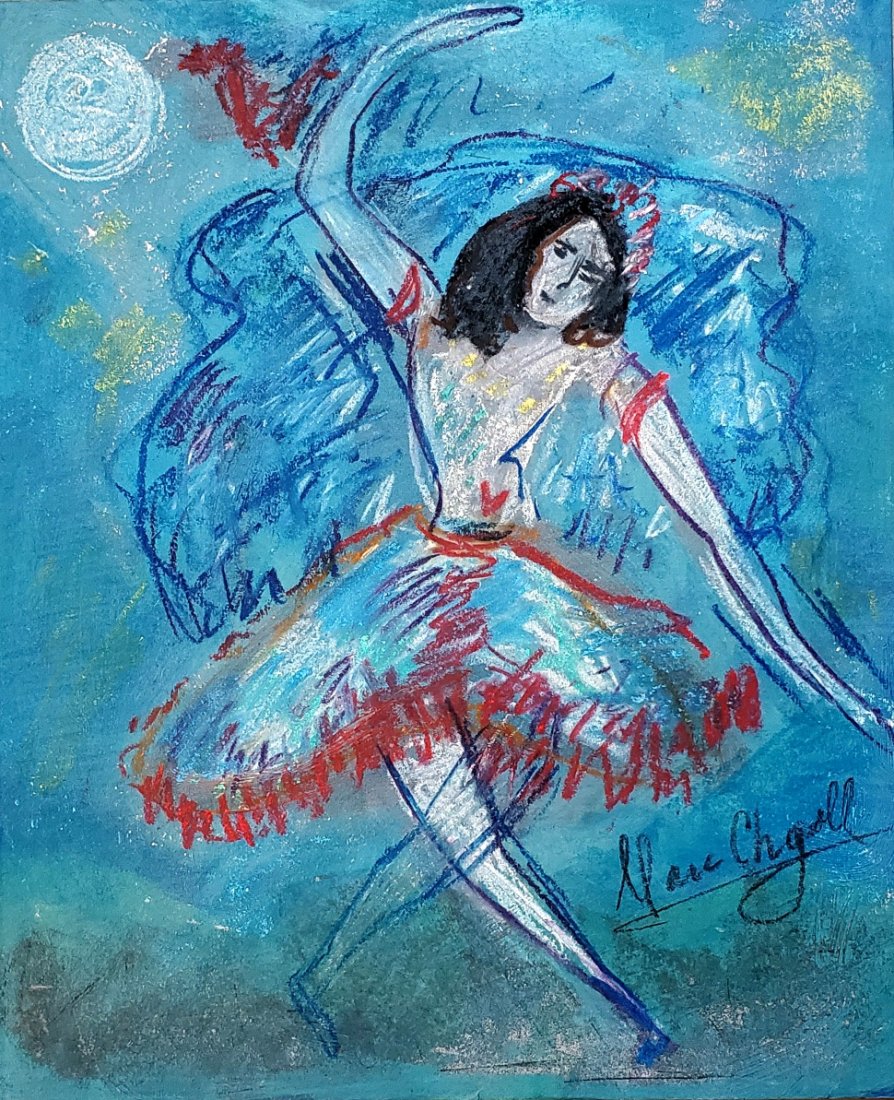 Marc Chagall Dancer Ballerina French Russian Painting: This lot consists of a hand painted mixed media on paper in the style of Marc Chagall. Marc Zakharovich Chagall was a Russian-French artist of Belarusian Jewish origin. An early modernist, he was asso