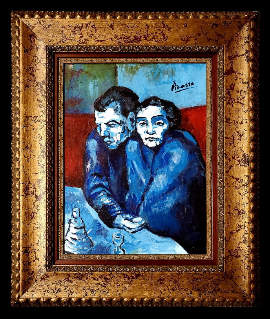 Pablo Picasso Spanish Blue Period Oil Canvas: This lot consists of a hand painted oil on canvas in the style of Pablo Picasso. The illustration depicts a couple in a table interior in the famous "Blue Period" style. The Blue Period of Picasso was