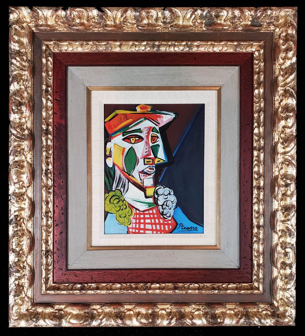 Pablo Picasso Spanish Cubist Abstract Women Oil Canvas: This lot consists of a hand painted Oil on canvas in the style of Pablo Picasso. The illustration depicts a figure of a women in the famous cubism period. Pablo Picasso (25 October 1881-8 April 1973) 