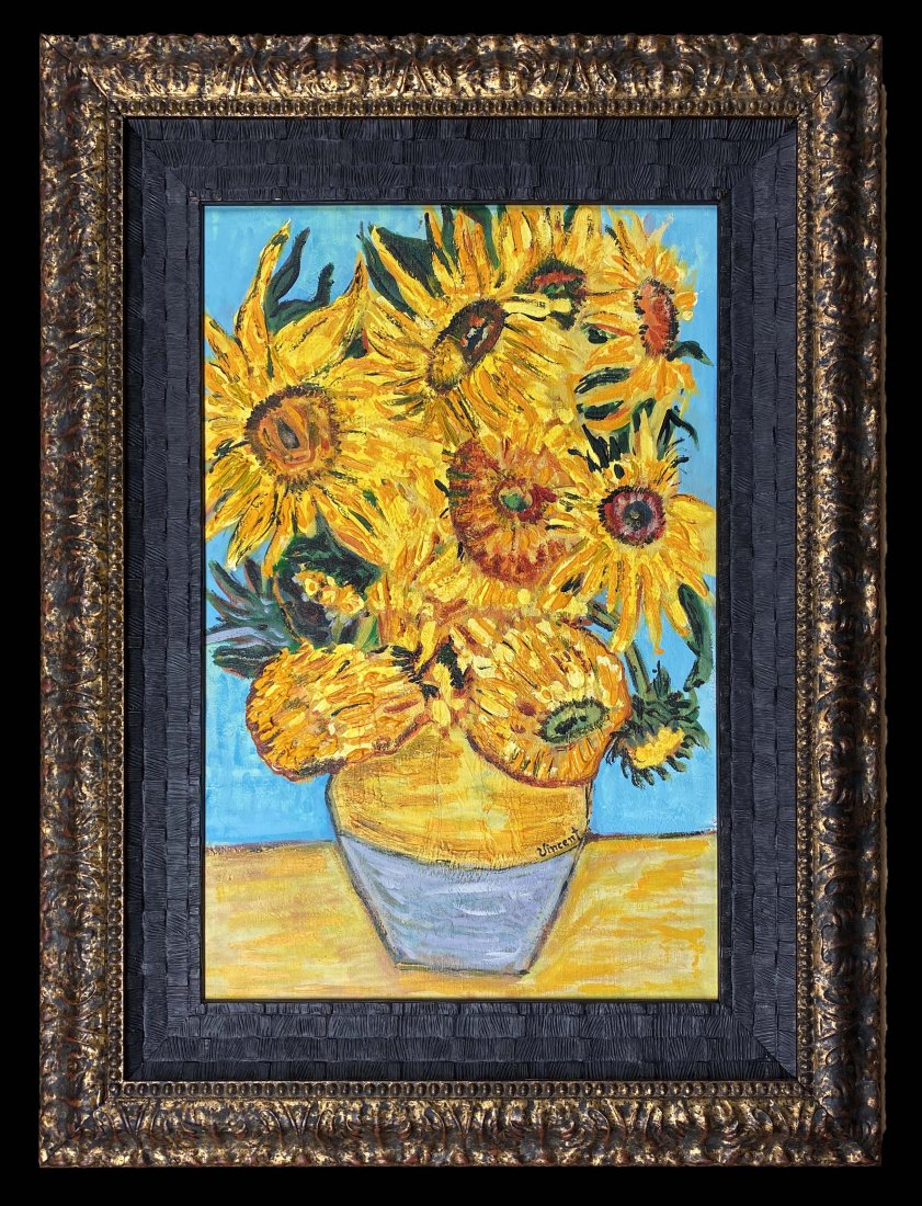 Vincent Van Gogh Still Life Flowers Post Impressionist: This lot consists of a hand painted oil on canvas flowers in the style of Vincent Van Gogh (Dutch, 1853-1980). Vincent Willem van Gogh was a Dutch Post-Impressionist painter who is among the most famo