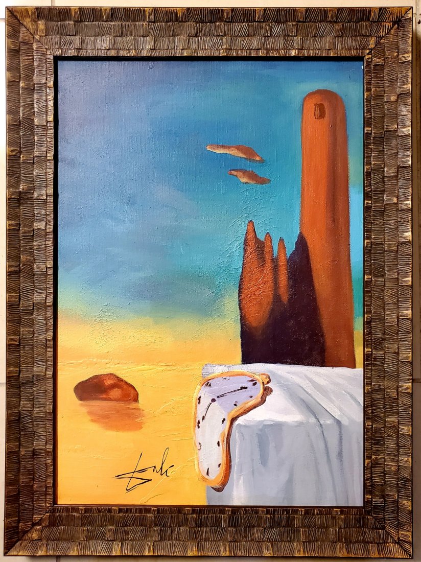 Salvador Dali Spanish Surrealism Abstract Oil Canvas: This lot consists of an oil on canvas surrealism in the style of Salvador Dali. Salvador Domingo Felipe Jacinto Dali Domnech, Marques de Dali de Pubol (11 May 1904 - 23 January 1989), known as Salvado