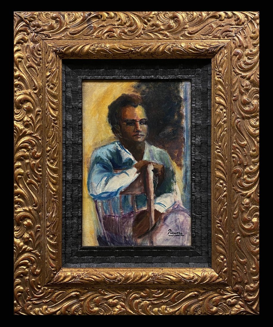 Pablo Picasso Man Portrait (1881-1973): This lot consists of a hand painted oil on canvas portrait in the style of Pablo Picasso. The illustration depicts a man sitting down in a chair. Pablo Picasso (25 October 1881-8 April 1973) was a Spa