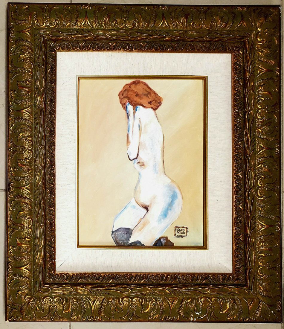 Egon Schiele Austrian Nude Women Female Oil Canvas: This lot consists of a hand painted oil on canvas in the style of Egon Schiele. Egon Schiele (12 June 1890 - 31 October 1918) was an Austrian painter. A protege of Gustav Klimt, Schiele was a major fi