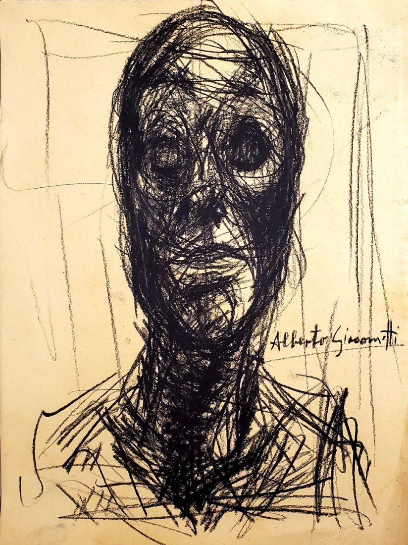 Alberto Giacometti Self Portrait Drawing Swiss Painting: This lot consists of a hard drawn self portrait in the style of Alberto Giacometti (Swiss, 1901 - 1966). Giacometti was a Swiss sculptor, painter, draftsman and printmaker. Beginning in 1922, he lived