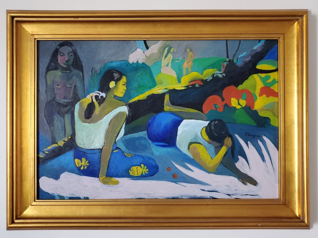 Paul Gauguin French Art Women Lansdscape Oil Canvas.: This lot consists of a hand-painted Oil on canvas. It depicts a beautiful impressionist painting in Gauguin's distinct style. In the style of: enri Paul Gauguin (7 June 1848 - 8 May 1903) was a French