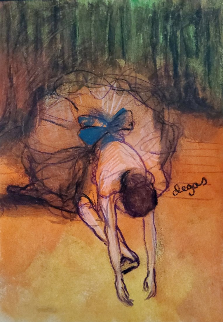 Edgar Degas French Ballerina Dancer Art Impressionist: This lot consists of a hand painted mixed media on paper in the style of Edgar Degas (1834-1917). Edgar Degas was born Hilaire-Germain-Edgar De Gas, was a French artist famous for his paintings, sculp