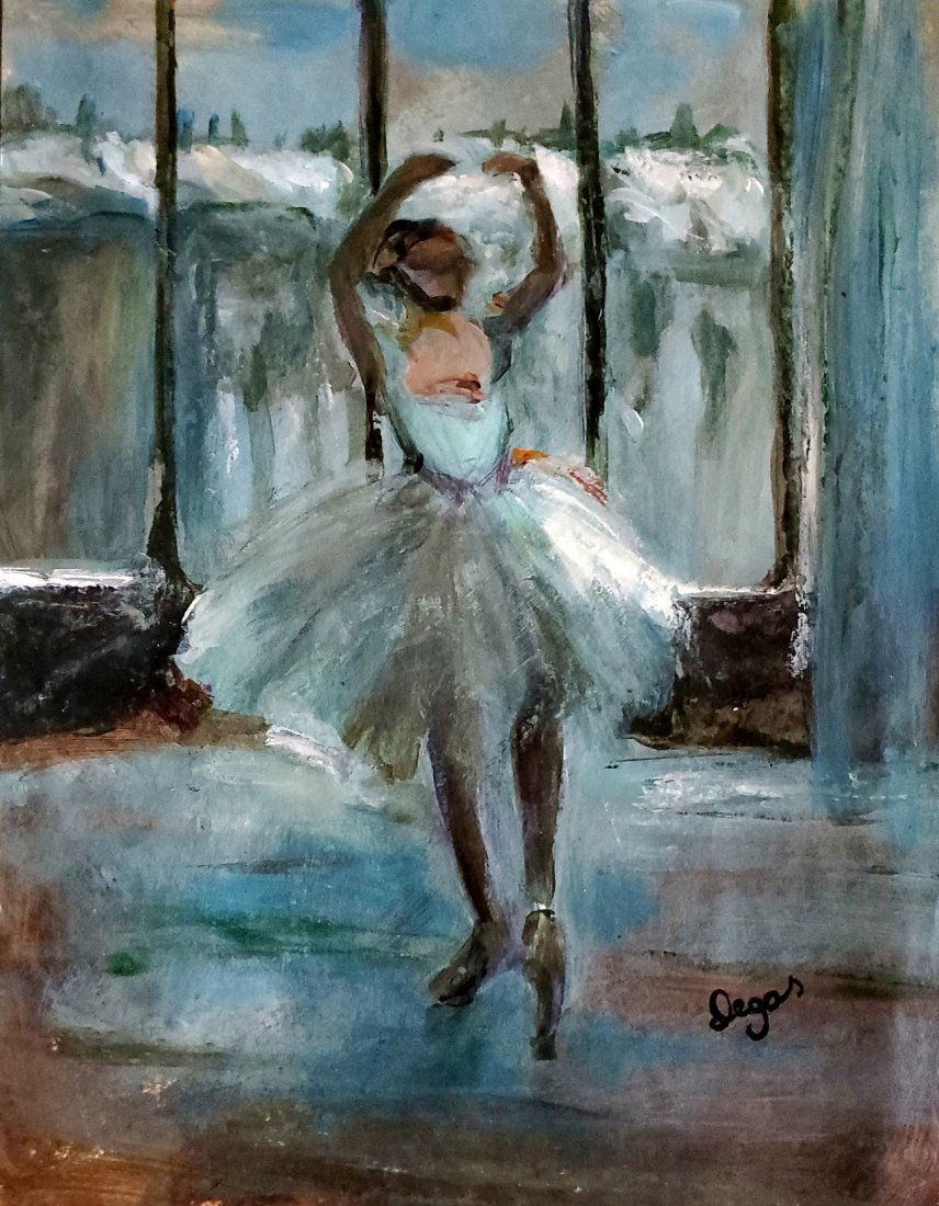 Edgar Degas Ballerina Ballet Dancer Impressionist Art: FREE SHIPPING WORLDWIDE ON THIS AUCTION This lot consists of a hand painted mixed media on paper in the style of Edgar Degas (1834-1917). Edgar Degas was born Hilaire-Germain-Edgar De Gas, was a Frenc