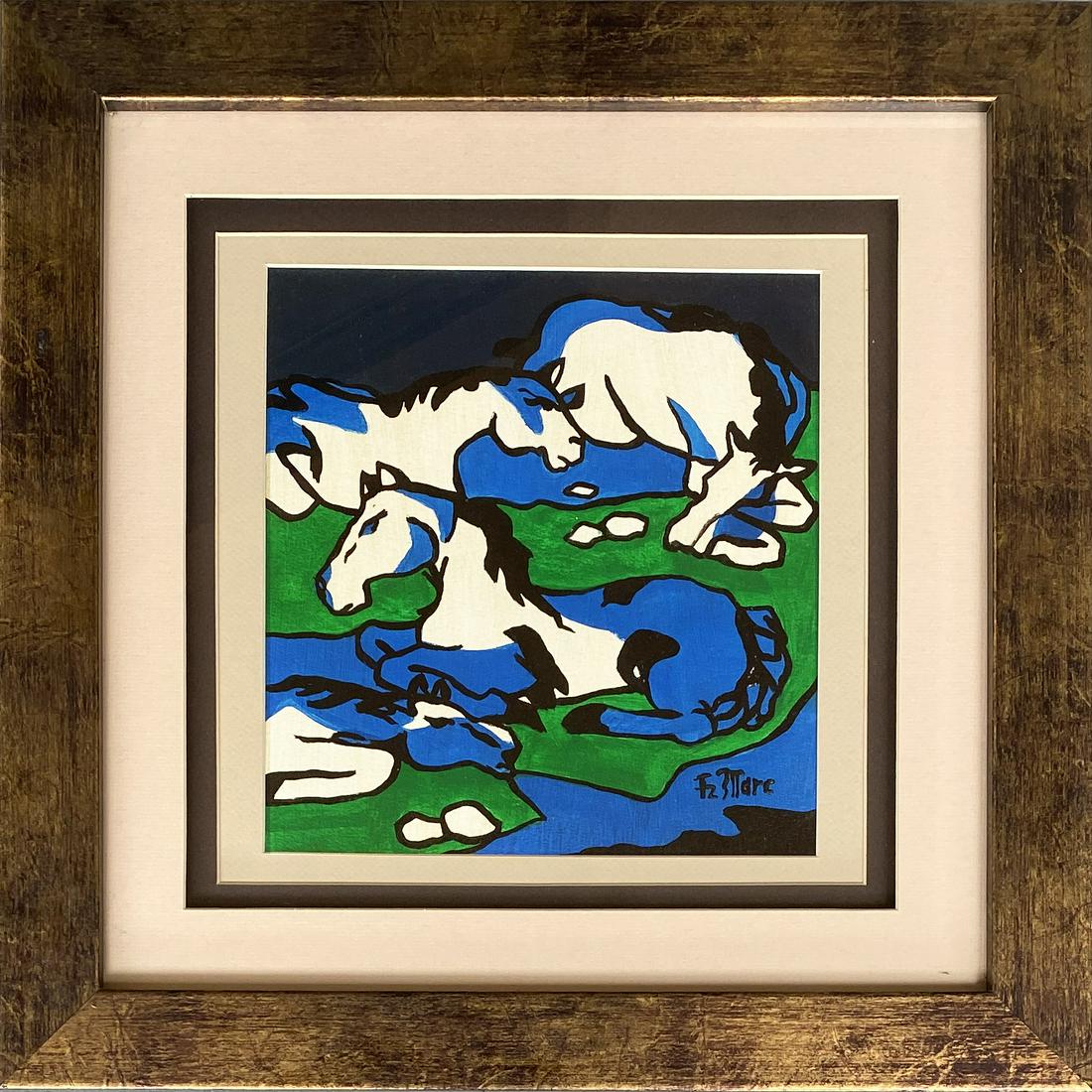 Franz Marc German Abstract Horses Expressionist: FREE SHIPPING WORLDWIDE ON THIS AUCTION This lot consist of a hand painted mixed media on hard paper illustration .The image depicts abstract figurative horses with a green, blue and black background.