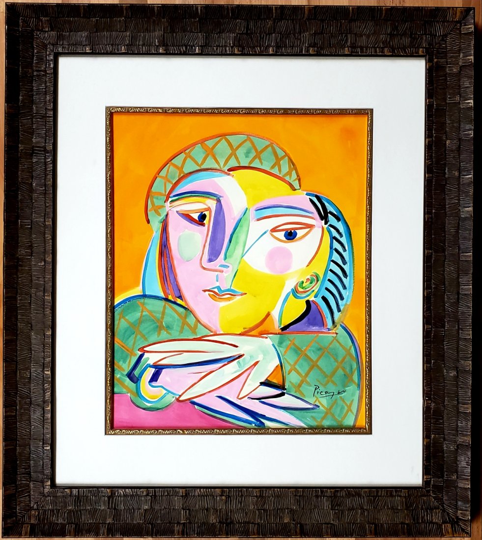Pablo Picasso Spanish Art Cubism Women Female French: FREE SHIPPING WORLDWIDE ON THIS AUCTION This lot consists of a hand painted Oil on canvas in the style of Pablo Picasso. The illustration depicts two females sitting at a bar in the famous Blue Period