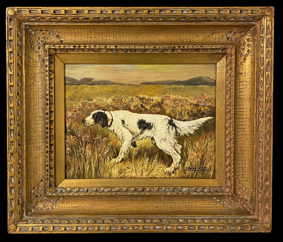 Edmund Henry Osthaus German American Oil Painting: FREE SHIPPING WORLDWIDE ON THIS AUCTION This lot consists of hand painted dog (english setter) landscape oil on wood in the style of Edmund Henry Osthaus. Edmond Henry Osthaus was born in Hildesheim,