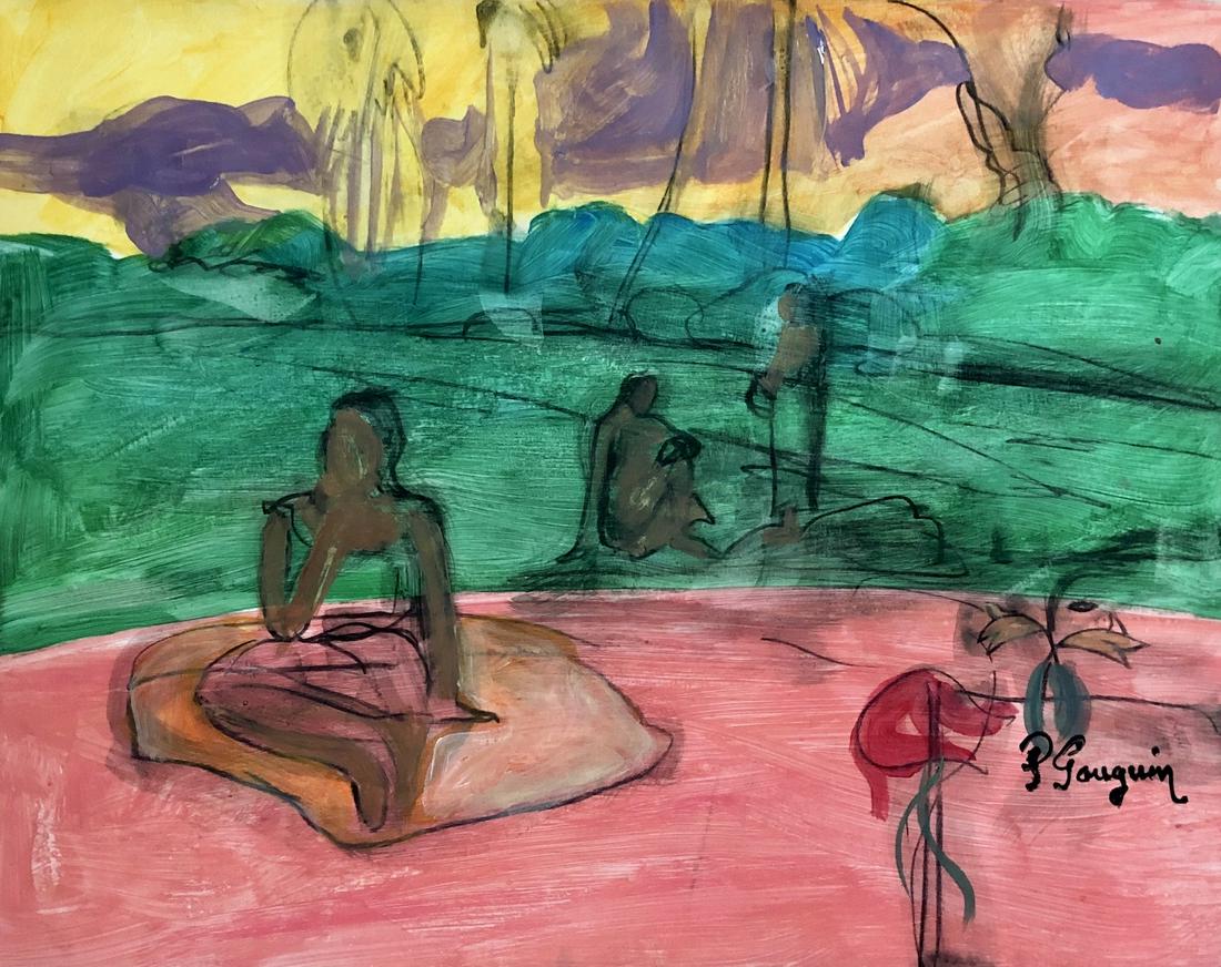 Paul Gauguin French Art (1848-1903) - Mixed Media: FREE SHIPPING WORLDWIDE ON THIS AUCTION This lot consists of a hand-painted mixed media on hard paper. It depicts a beautiful impressionist painting in Gauguin's distinct style. In the style of: enri 