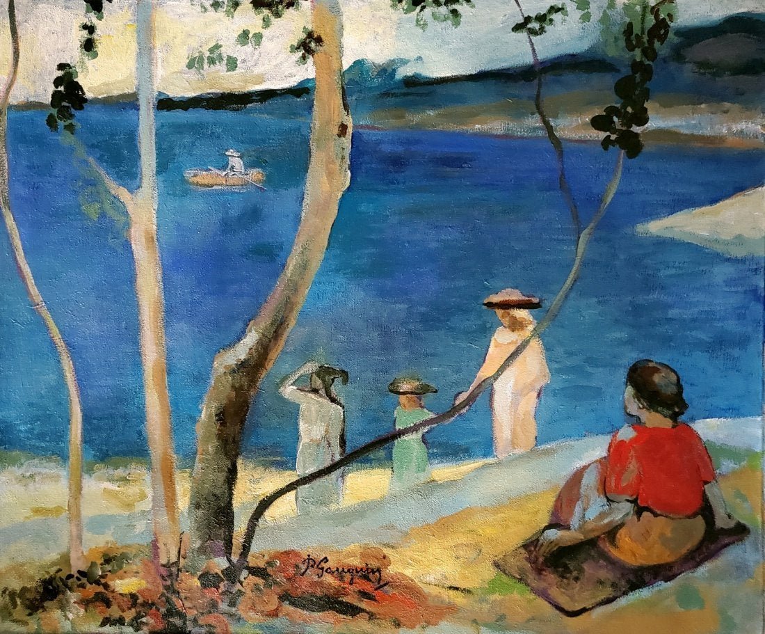 Paul Gauguin French Art Women Lansdscape Oil Canvas.: FREE SHIPPING WORLDWIDE ON THIS AUCTION This lot consists of a hand-painted Oil on canvas. It depicts a beautiful impressionist painting in Gauguin's distinct style. In the style of: enri Paul Gauguin