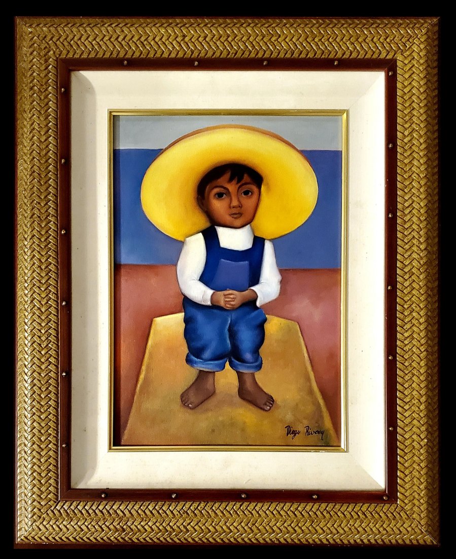 Diego Rivera Mexican Oil Canvas Portrait Muralist NY: FREE SHIPPING WORLDWIDE ON THIS AUCTION This lot consists of a hand painted oil on canvas in the style of Diego Rivera. Diego de Maria de la Concepcion Juan Nepomuceno Estanislao de la Rivera y Barrie