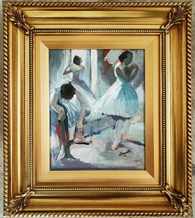 Edgar Degas Ballerinas Ballet Impressionist Oil Canvas: FREE SHIPPING WORLDWIDE ON THIS AUCTION This lot consists of a hand painted oil on canvas board in the style of Edgar Degas (1834-1917). Edgar Degas was born Hilaire-Germain-Edgar De Gas, was a French