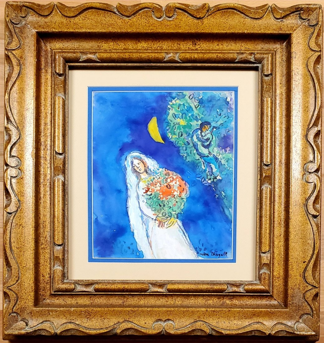 Marc Chagall French Russian Painting Man Women Drawing: FREE SHIPPING WORLDWIDE ON THIS AUCTION This lot consists of a hand painted mixed media on paper in the style of Marc Chagall. Marc Zakharovich Chagall was a Russian-French artist of Belarusian Jewish