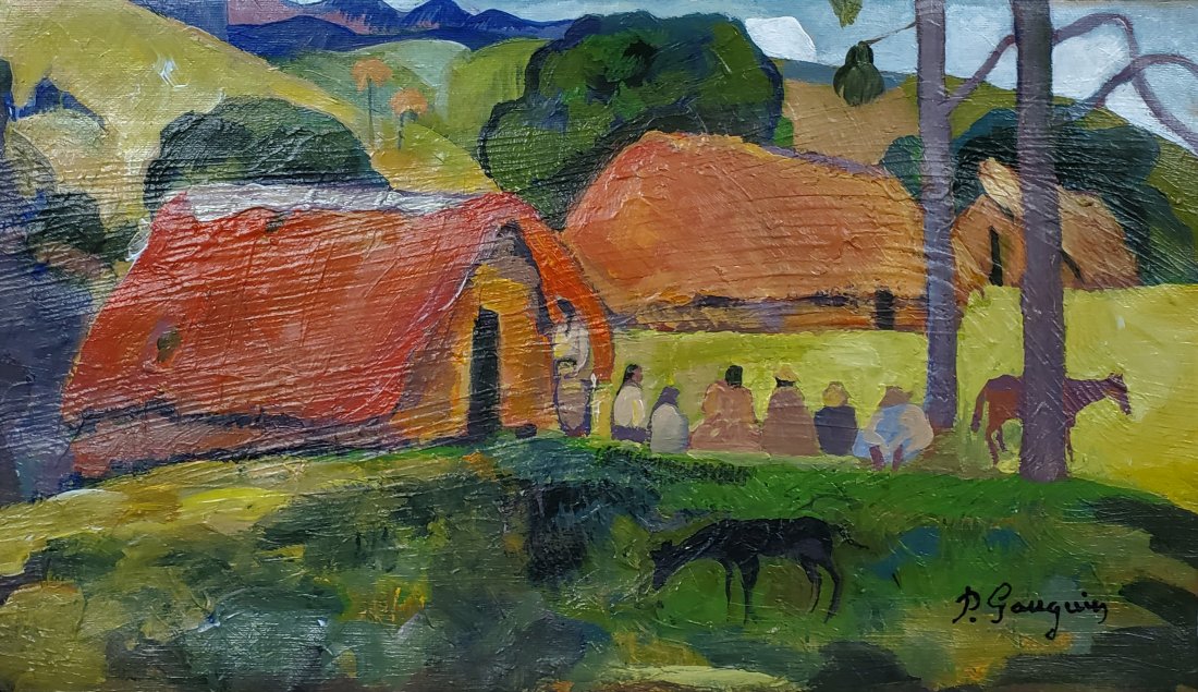 Paul Gauguin Landscape Impressionist French Oil Canvas: FREE SHIPPING WORLDWIDE ON THIS AUCTION This lot consists of a hand painted oil on canvas.It depicts a beautiful impressionist landscape in a rural area with people and animals in Gauguin's distinct s