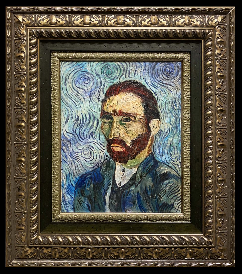 Vincent Van Gogh Still Self Oil Canvas Portrait Man: FREE SHIPPING WORLDWIDE ON THIS AUCTION This lot consists of a hand painted oil on canvas portrait in the style of Vincent Van Gogh (self-portrait)(Dutch, 1853-1980). Vincent Willem van Gogh was a Dut