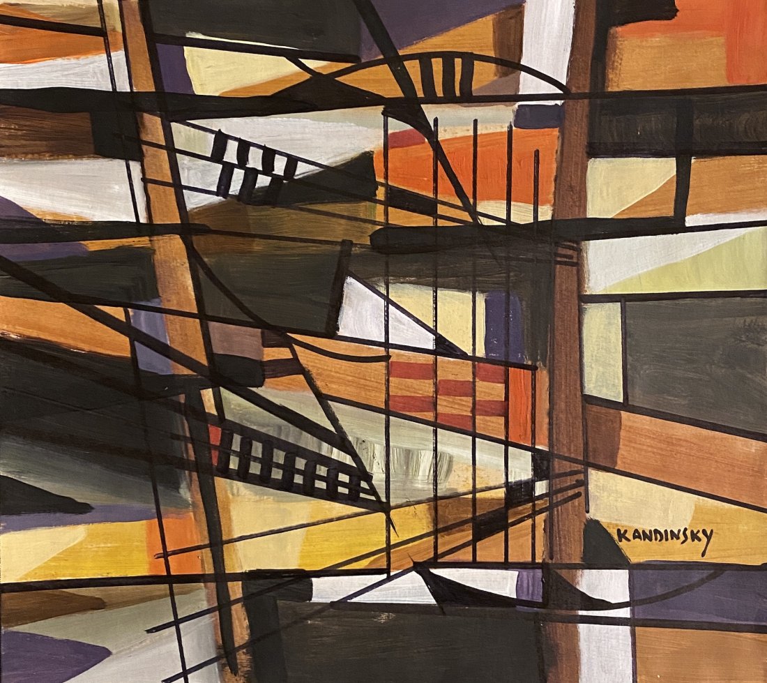 Wassily Kandinsky Abstract Russian French Geometric: FREE SHIPPING WORLDWIDE ON THIS AUCTION This lot consists of a hand painted mixed media on paper in the style of Wassily Kandinsky. The illustration depicts abstract geometric colorful painting. Wassi
