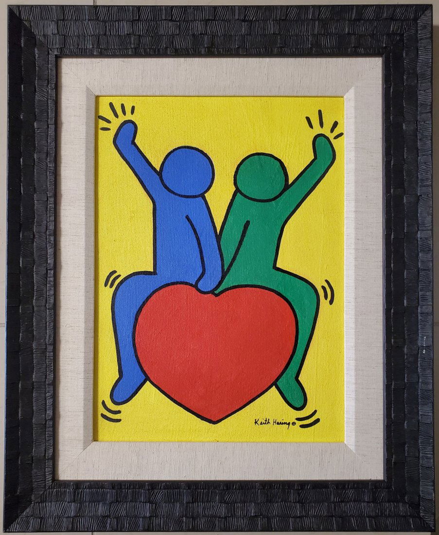 Keith Haring Pop Art Love Heart American oil canvas: FREE SHIPPING WORLDWIDE ON THIS AUCTION This lot consists of a hand-painted oil on canvas in the style of Keith Haring (American, 1958-1990). Keith Haring was an American artist and social activist wh
