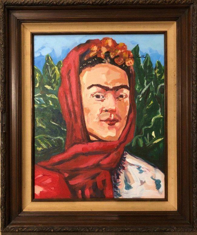 Frida Kahlo Self Portrait Oil on Canvas Mexican Art.: This lot consists of a hand painted mixed media on canvas in the naive folk style of Frida Kahlo. Frida Kahlo de Rivera was a Mexican painter known for her self-portraits. Kahlo\'s life began and ende